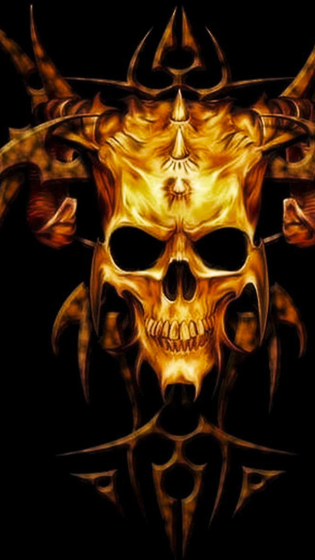 Golden demon skull with curved horns and glowing eyes sits above a dark tribal design on a black background.