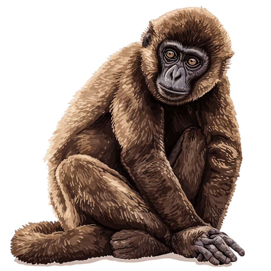 Brown gibbon sitting with realistic fur textures and expressive eyes isolated on a dark background.
