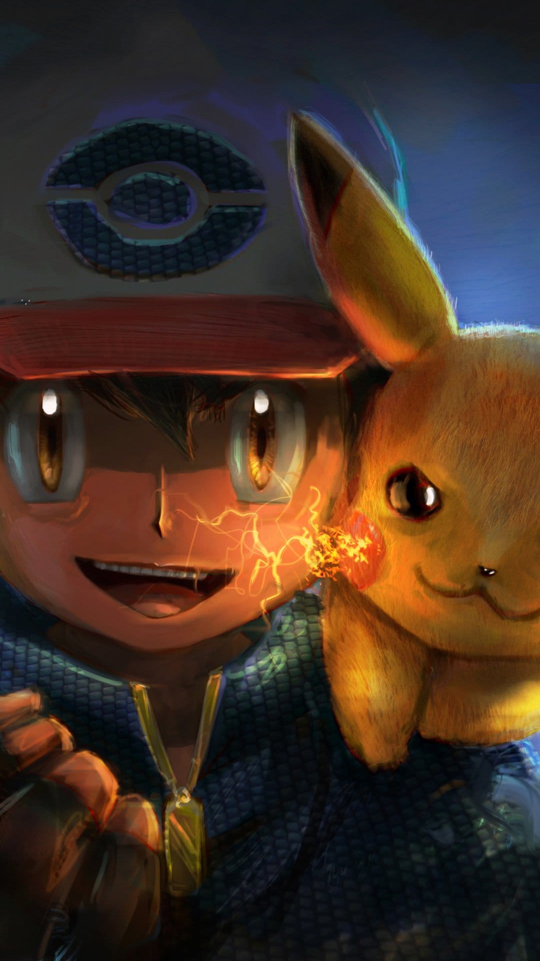 Ash Ketchum with glowing eyes stands beside a sparking Pikachu amidst crackling blue and yellow lightning bolts.