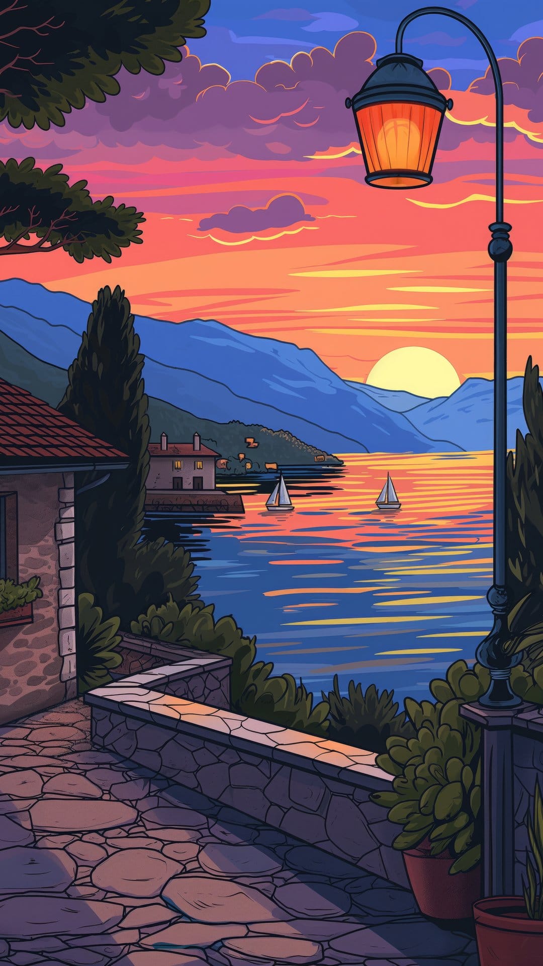 Sailboats glide across a sunset lake with silhouetted mountains and a vintage lamp post on a stone path.