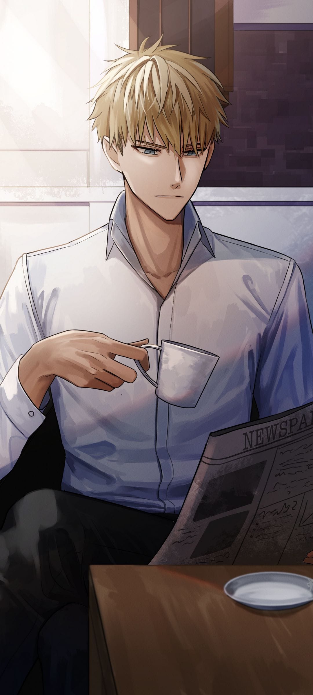 Blonde man with blue eyes sits at a brown table holding a white coffee mug next to an open newspaper.