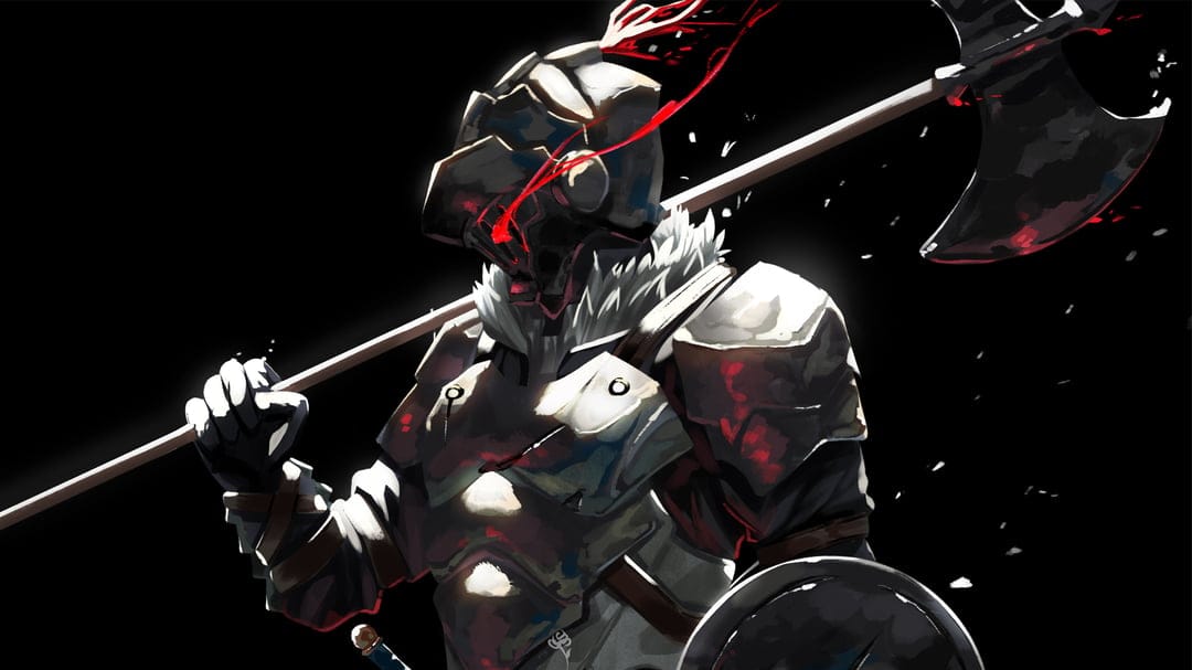 Goblin Slayer armored warrior wields a large axe in a dark fantasy setting with cinematic lighting effects.