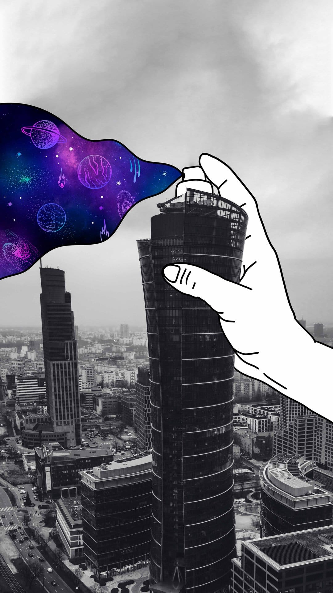Spray can emitting a colorful nebula and planets over a black and white urban skyline with towering buildings.