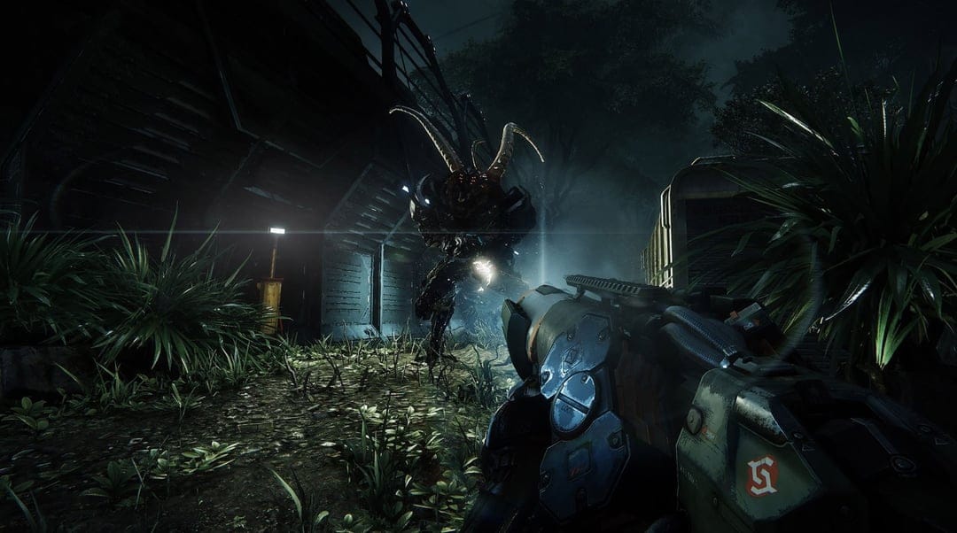 Massive horned monster looming over a player in a dark moonlit forest with a futuristic weapon in the foreground.
