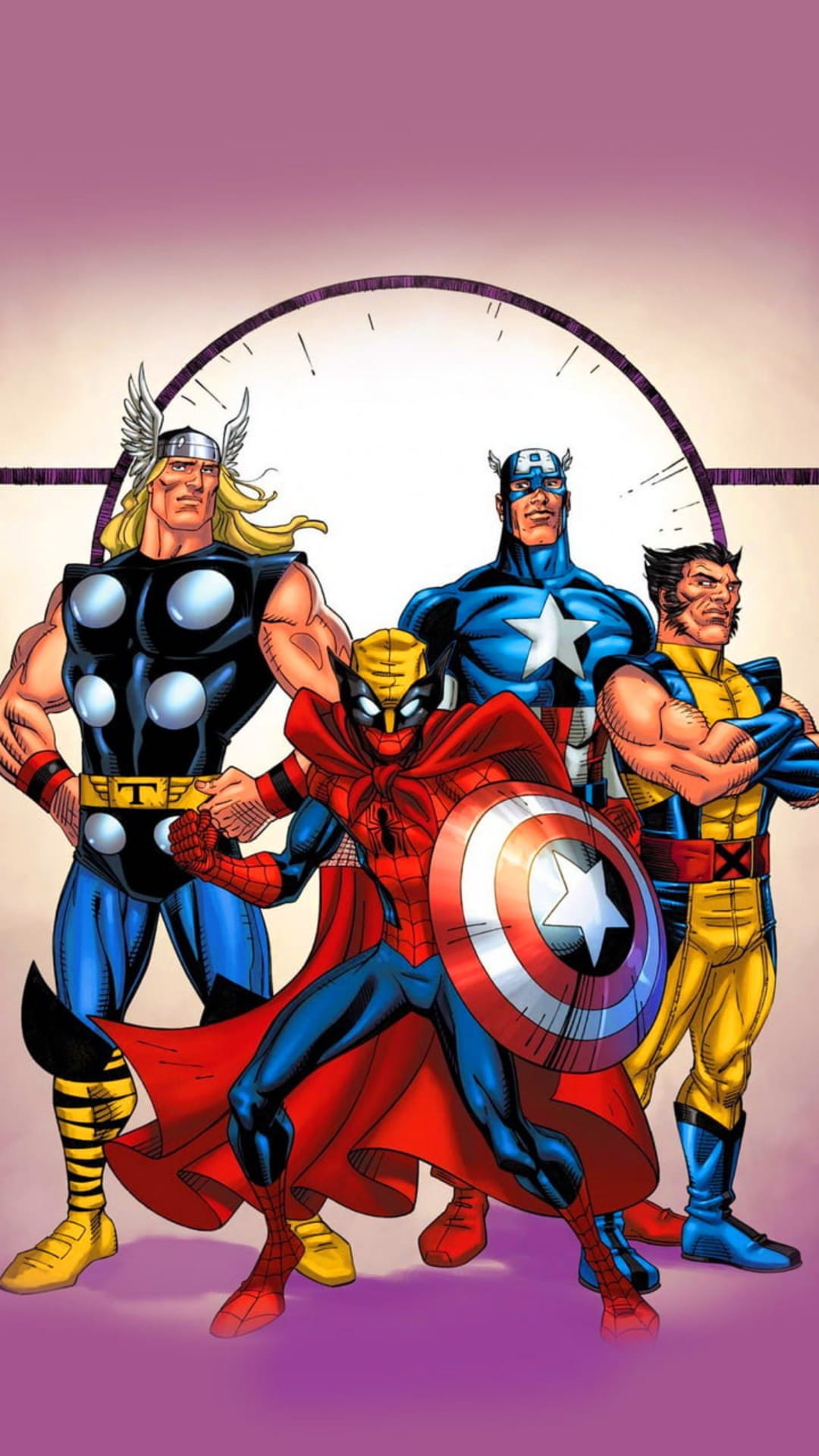 Thor, Captain America, Spider-Man, and Wolverine stand before a large circular graphic on a dark background.