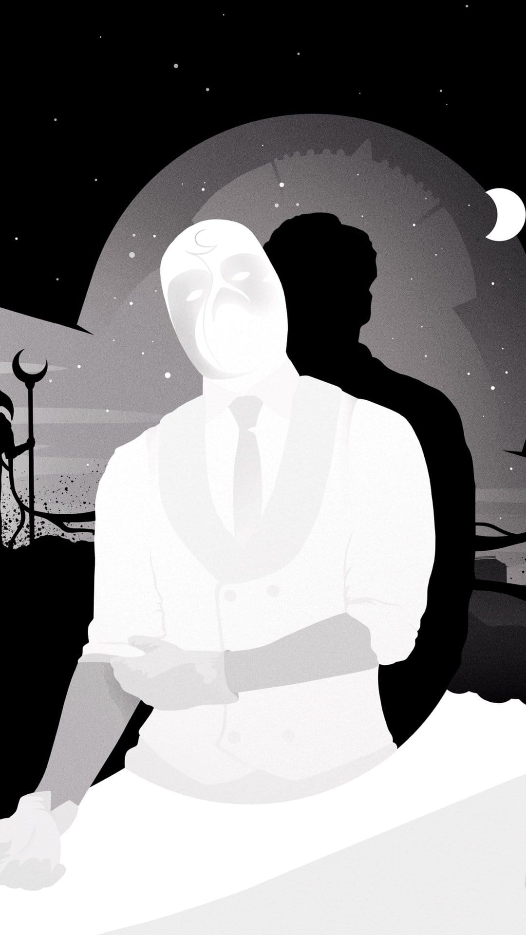 Moon Knight in a white suit overlays a dark silhouette against a starry night sky with a crescent moon.