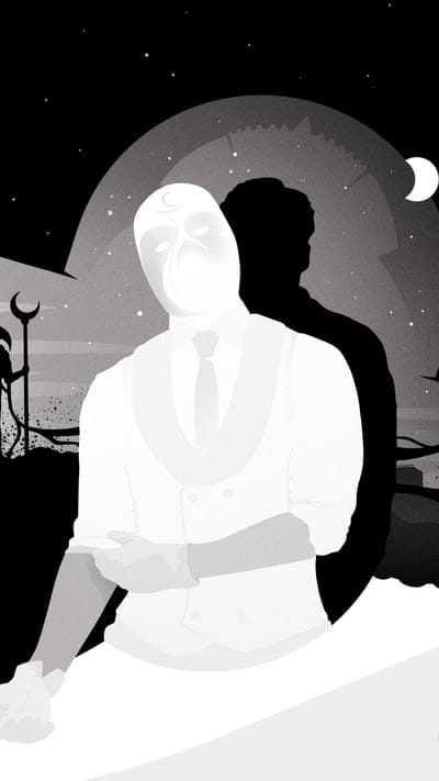 Moon Knight, Marvel, Steven Grant, Marc Spector, Khonshu, Black and White, Illustration, Duality, Psychological, Superhero, Comic Art, Minimalist, Crescent Moon, Enigmatic, Mystical, Avatar, Vigilante, Egyptian Mythology, Stark Contrast, Graphic Novel