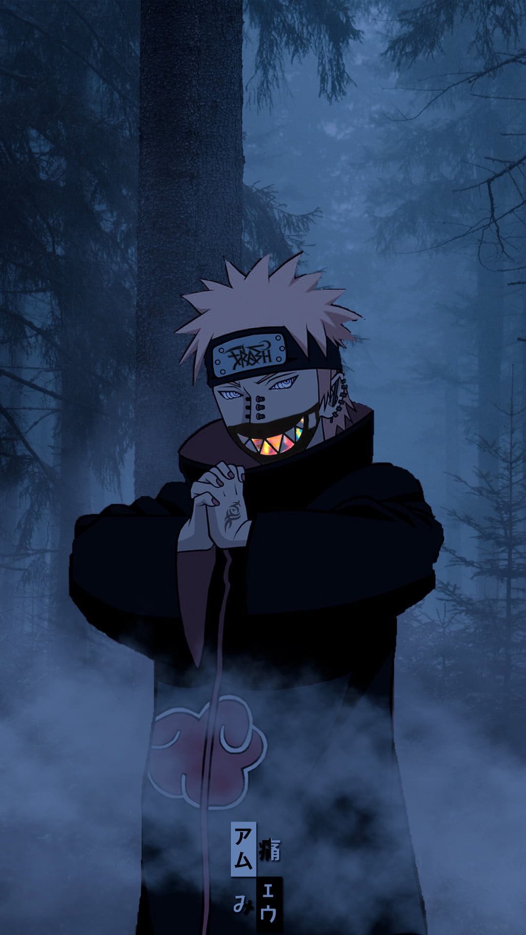Pain from Naruto with Rinnegan eyes wears an Akatsuki cloak while standing in a dark, misty forest with tall trees.