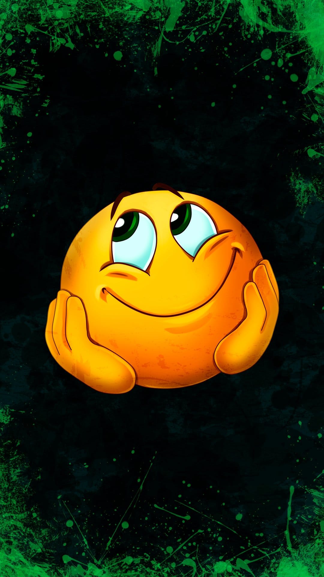 Smiling yellow emoji resting its head on its hands against a dark background with vibrant green paint splatters.