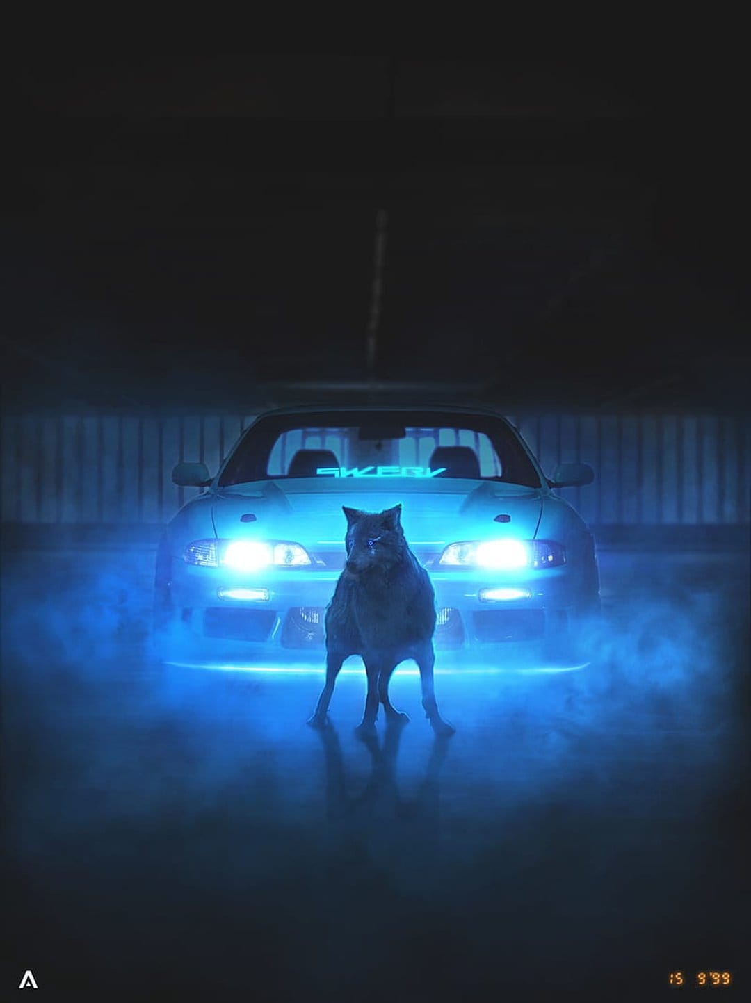 Gray wolf standing in front of a sports car with glowing blue headlights amidst thick neon smoke and dark fog.