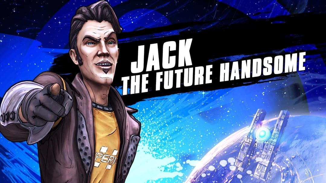 Jack pointing forward in front of a blue planet and Helios space station in a cel-shaded comic style.
