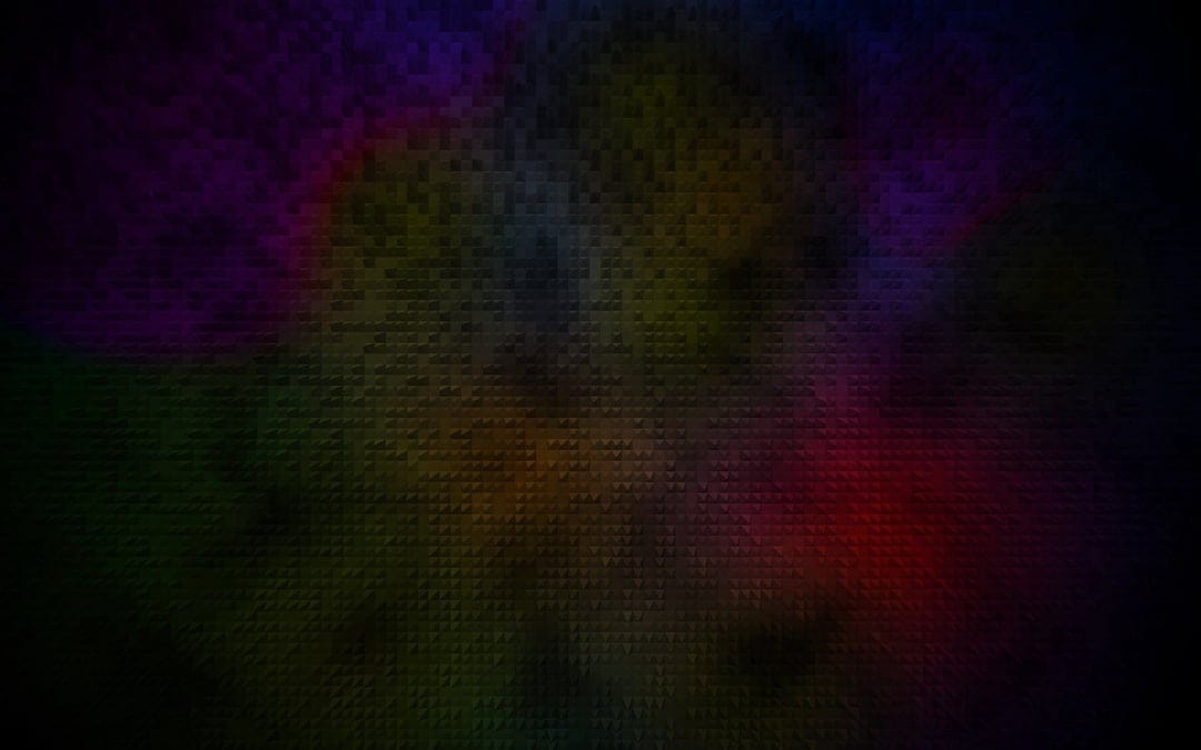 Dark geometric grid pattern beneath blurry splashes of purple, green, and red light in a vertical orientation.