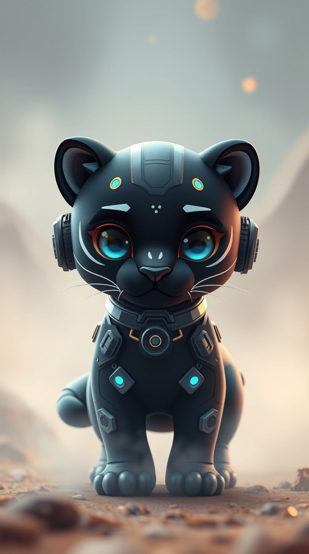 Black kitten wearing futuristic armored plating and blue headphones sitting on dusty ground with a soft glow.