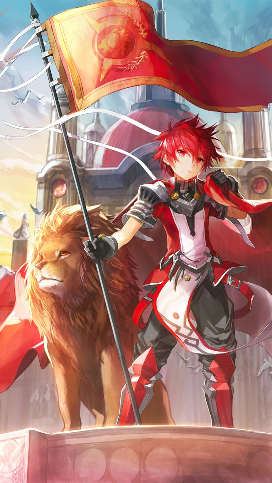 Red-haired young knight in silver armor holding a banner next to a large male lion with a castle background.