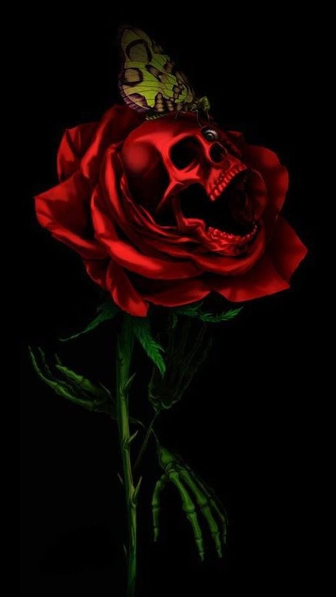Red rose skull with a screaming mouth and yellow butterfly features skeletal hand stems on a black void.