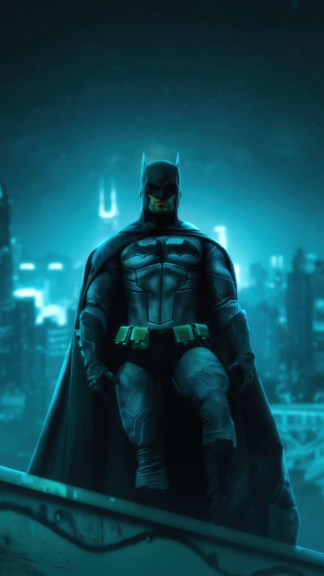 Batman perches on a stone gargoyle overlooking a neon blue Gotham City with a flowing cape and blurred cityscape.