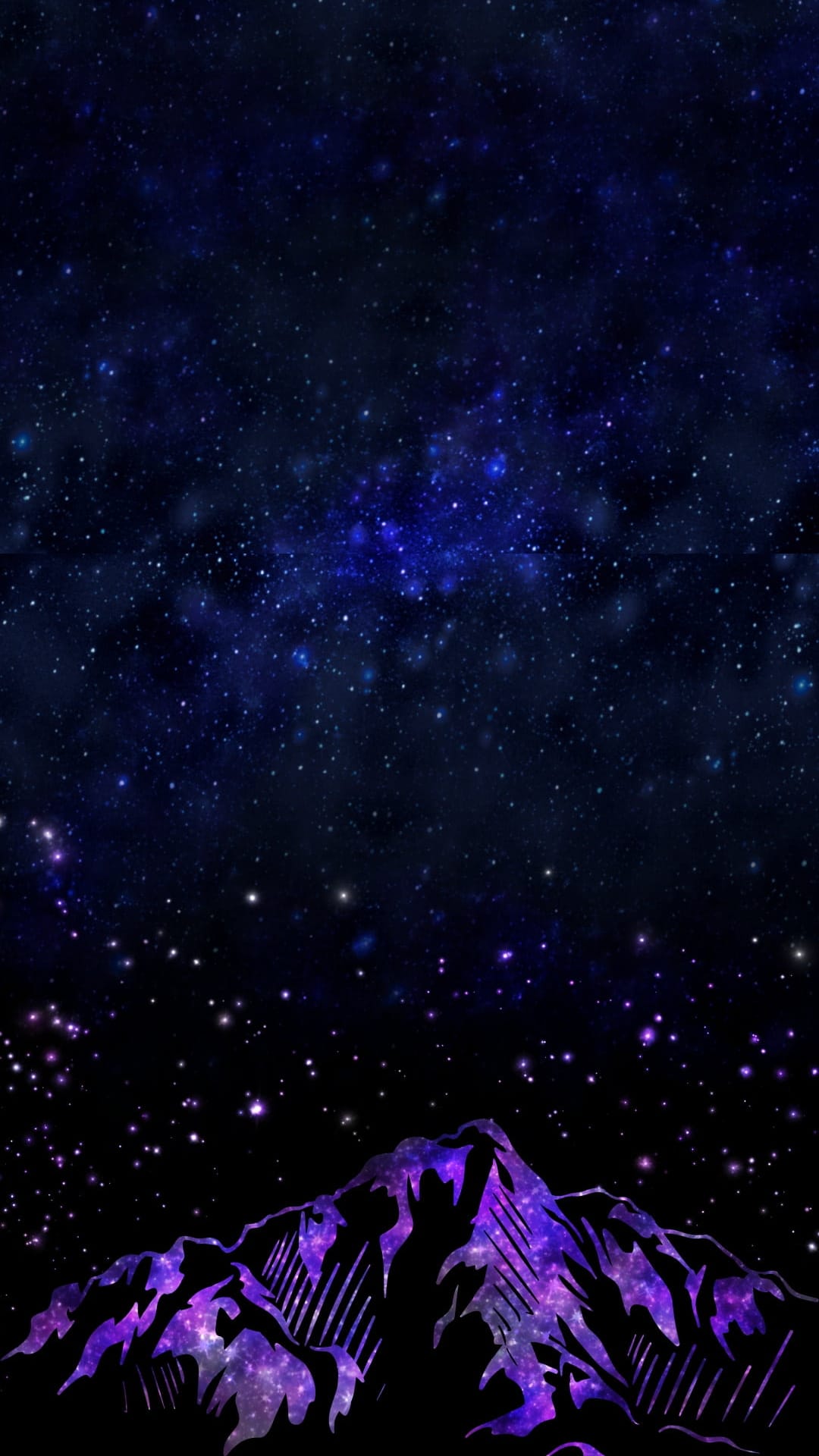 Jagged black mountain peaks rise beneath a swirling purple and blue nebula filled with tiny white stars.