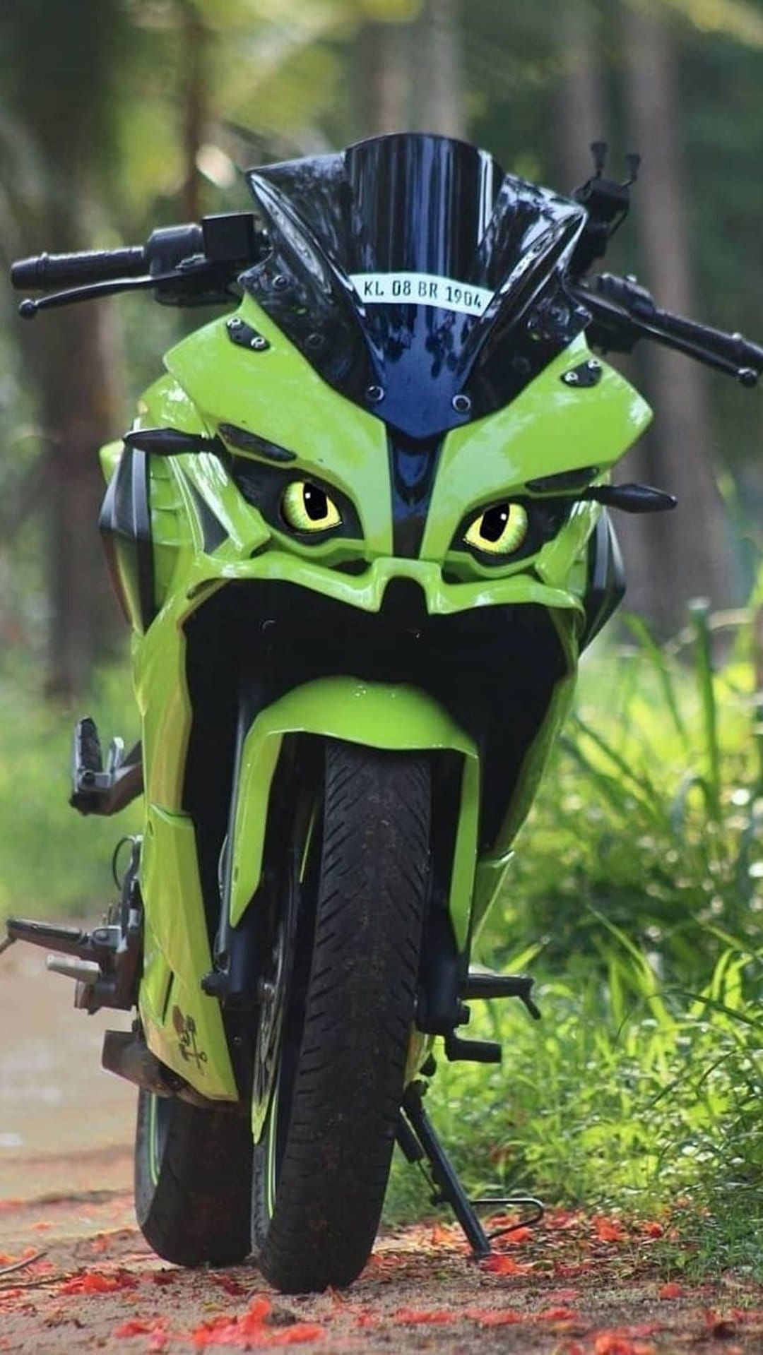 Lime green sport motorcycle with large yellow cartoon eyes parked on a dirt path covered in red flower petals.