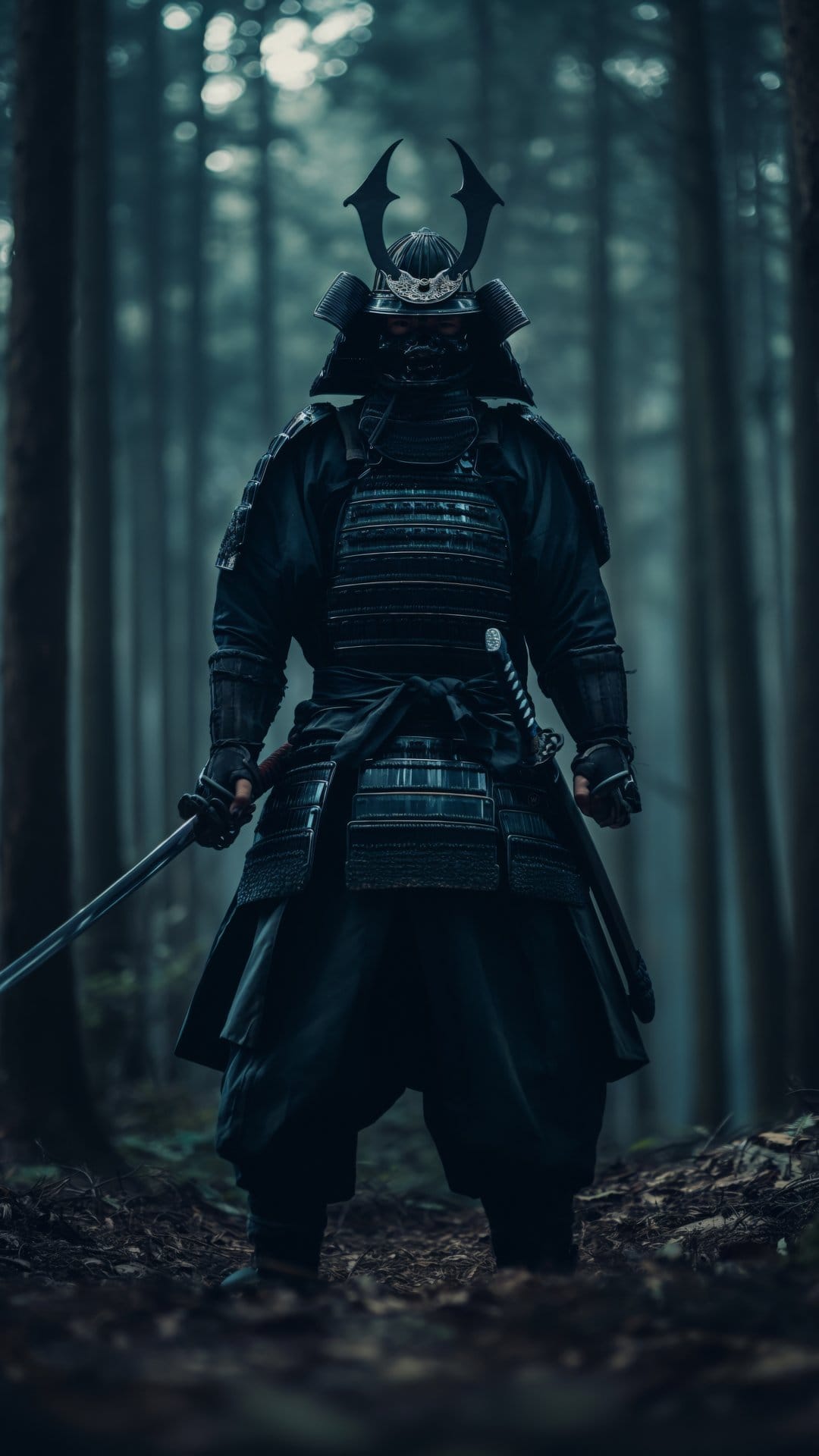 Samurai warrior in traditional black armor holding a katana while standing in a dark, foggy forest landscape.