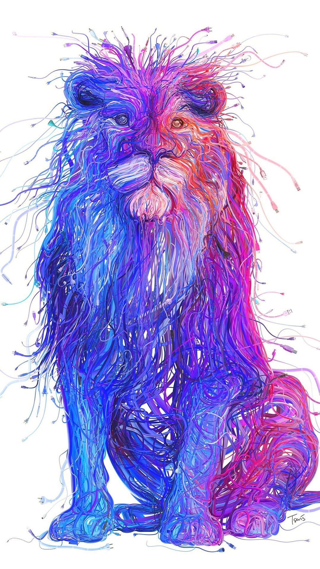 Lion head with a mane of glowing blue and pink wires against a dark background in a vertical portrait view.