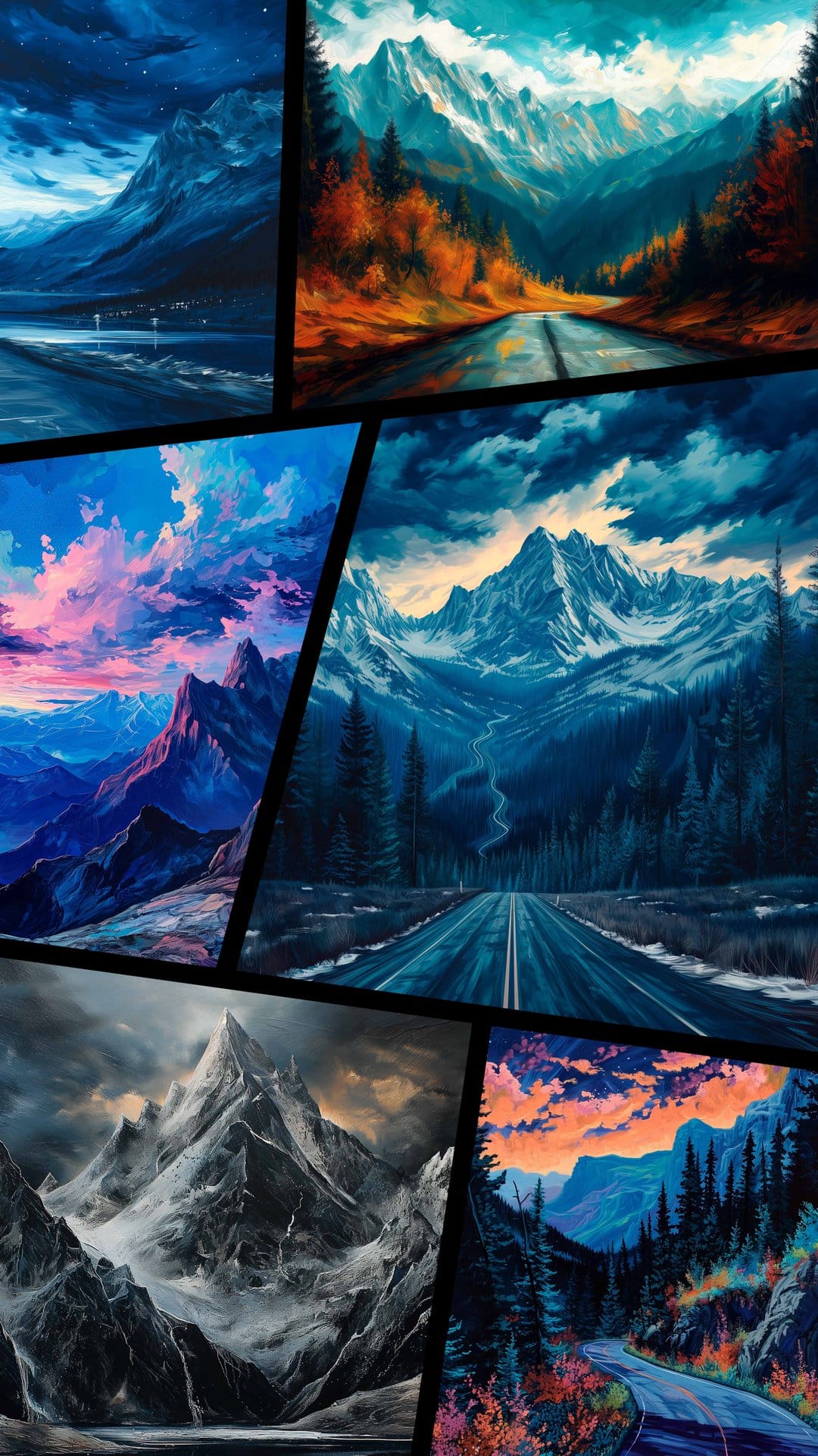 Jagged mountain peaks rise beneath a stormy sky with vibrant orange autumn trees and thick textured brushstrokes.