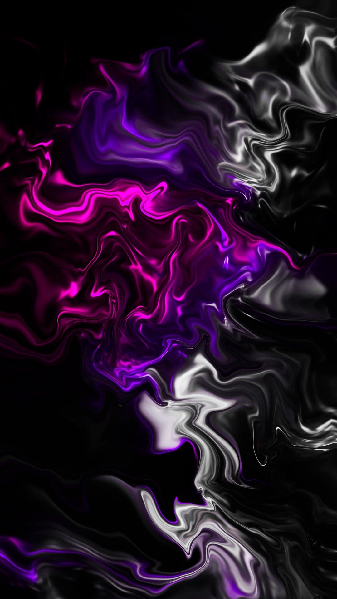 Swirling magenta and purple liquid textures flow diagonally over a dark background with bright white highlights.