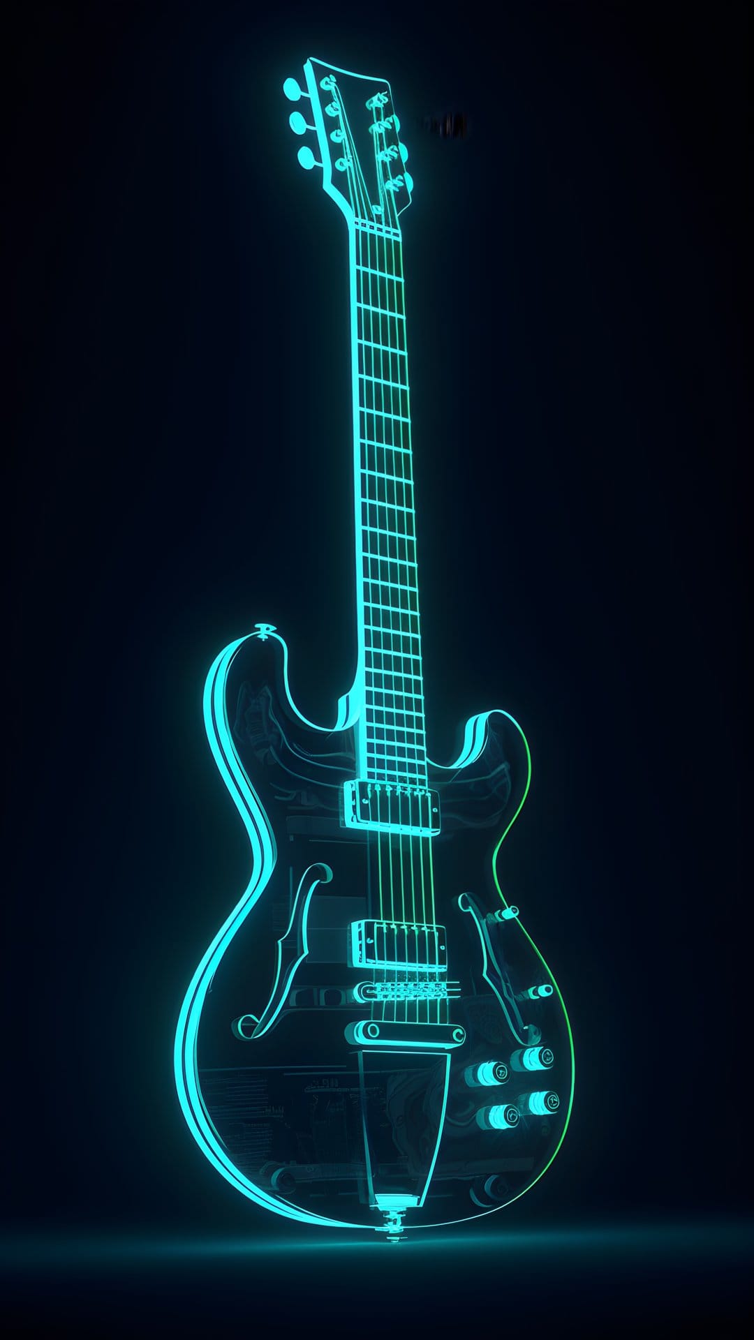 Electric guitar silhouette glowing with vibrant blue and green neon light against a dark, minimalist background.