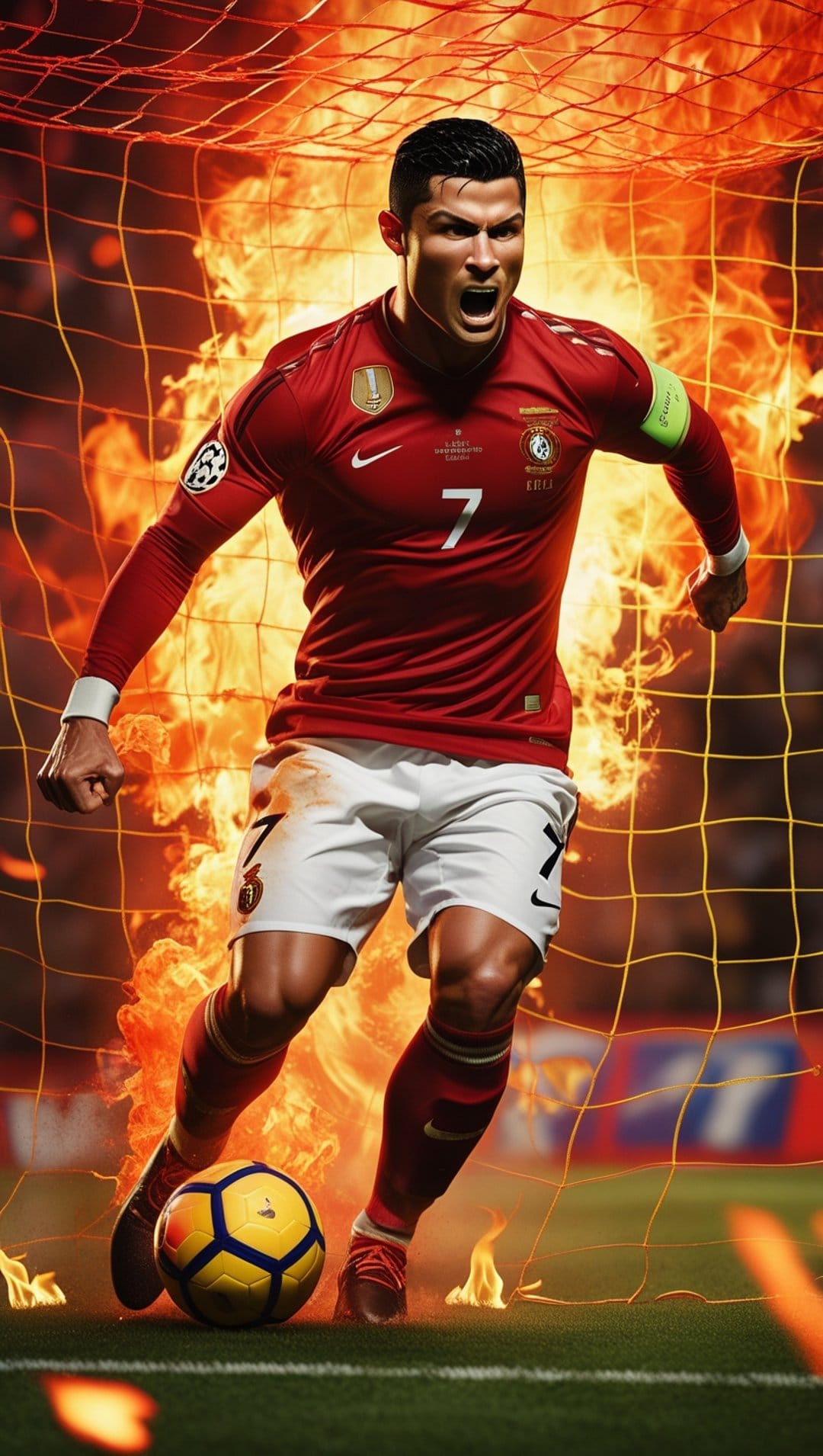 Cristiano Ronaldo in a red jersey runs past soccer flames and a burning goal net on a dark stadium field.