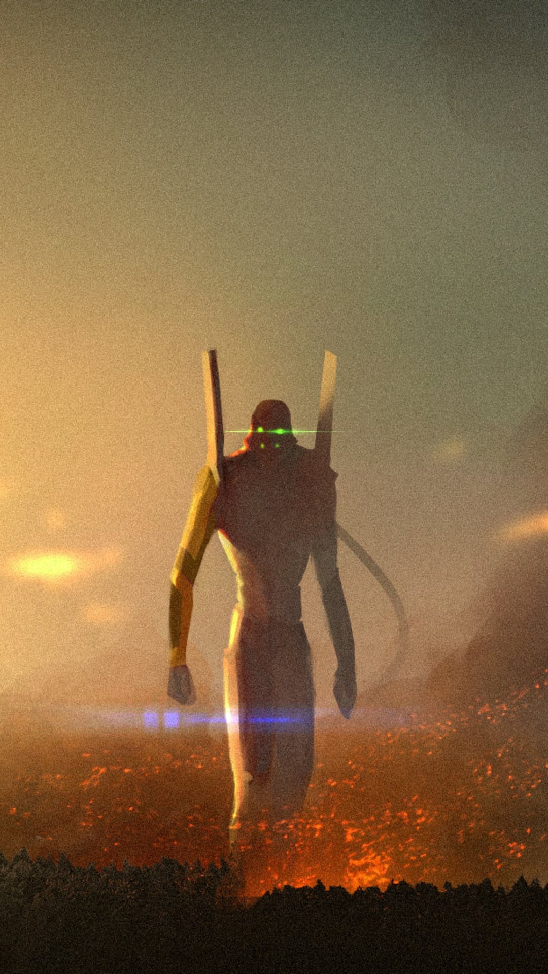 Evangelion Unit seen from behind standing in a smoky, orange wasteland with a bright lens flare in the sky.