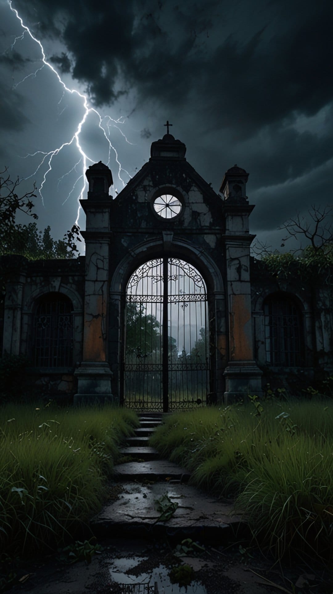 Wrought iron graveyard gates standing before a powerful lightning bolt during a dark midnight thunderstorm.