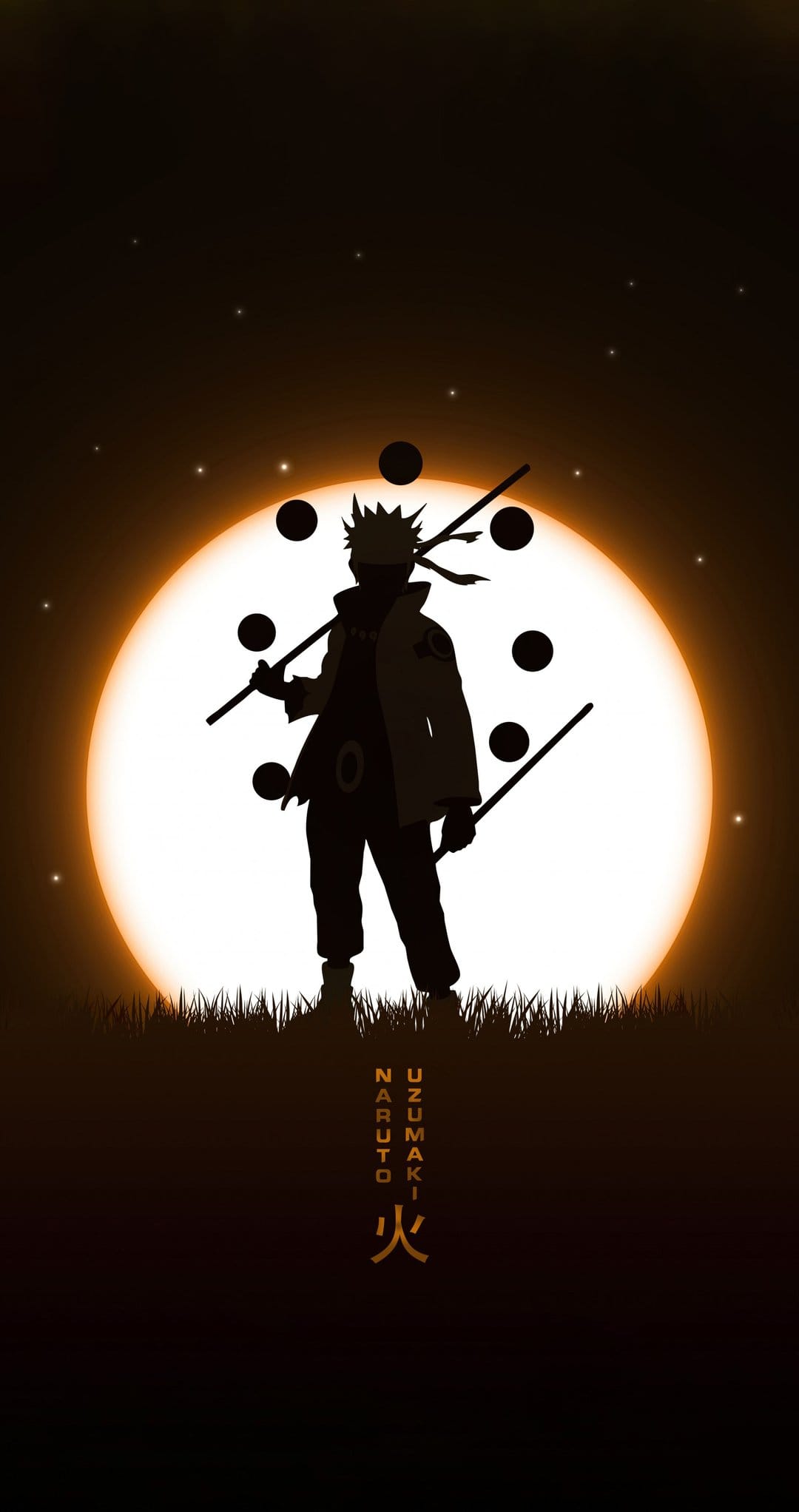 Naruto Uzumaki silhouette in Six Paths Sage Mode standing before a giant orange moon in a starry night sky.