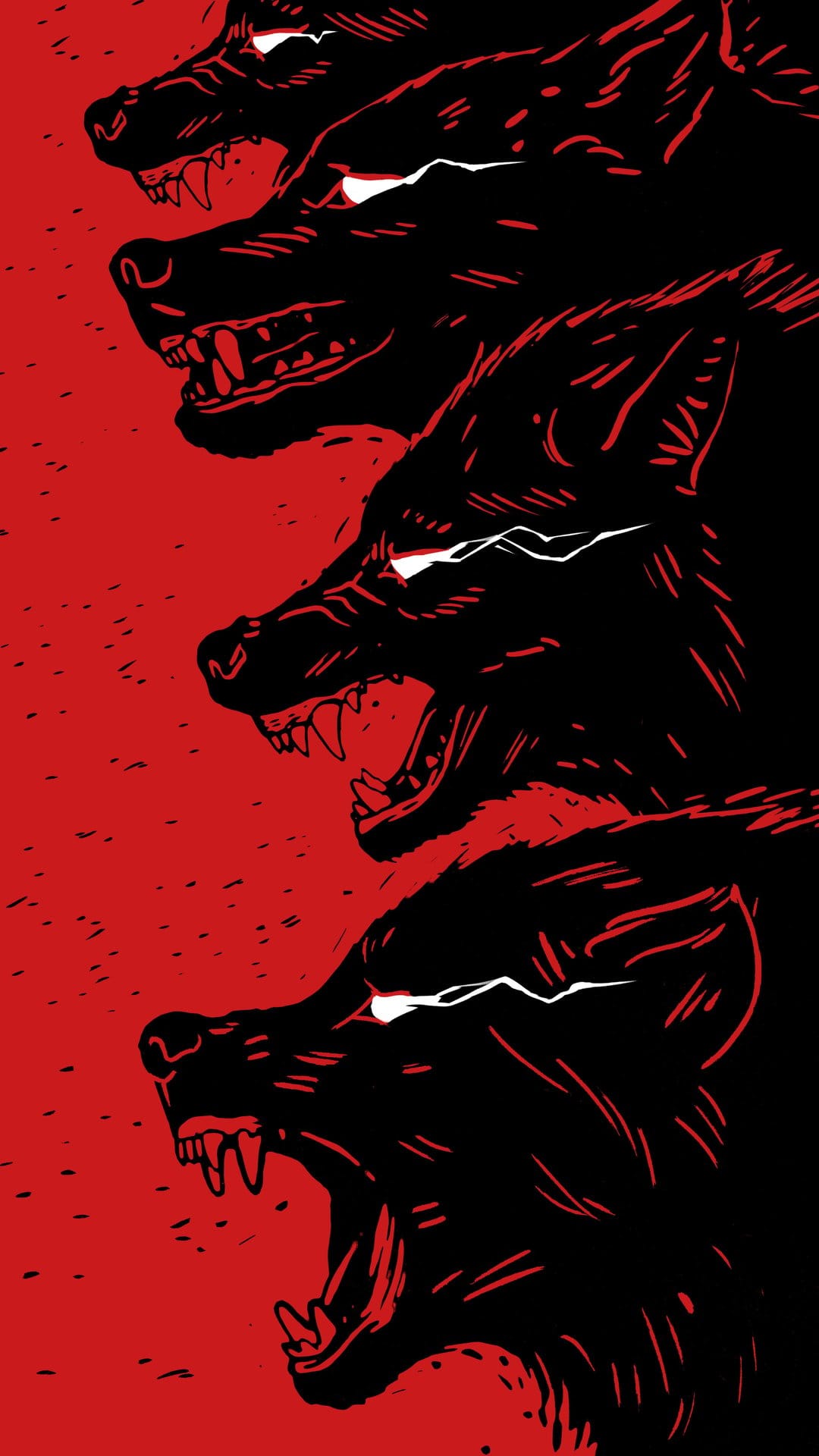 Four black wolves with glowing white eyes roar upwards against a textured red background with dark speckles.