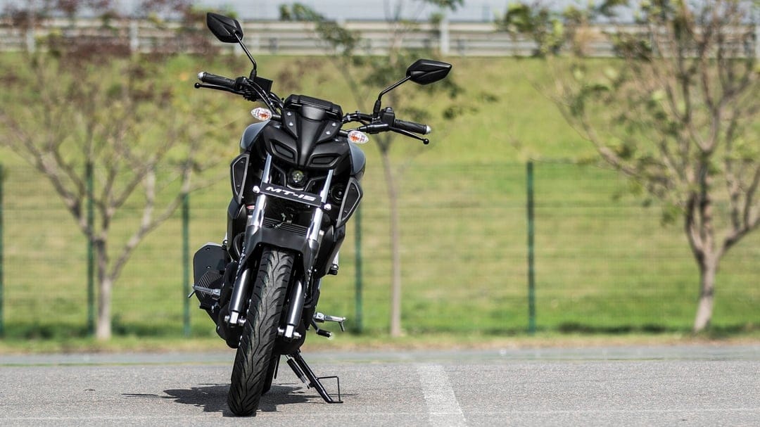 Front view of a black Yamaha MT-15 motorcycle parked on asphalt with a soft-focus green park background.