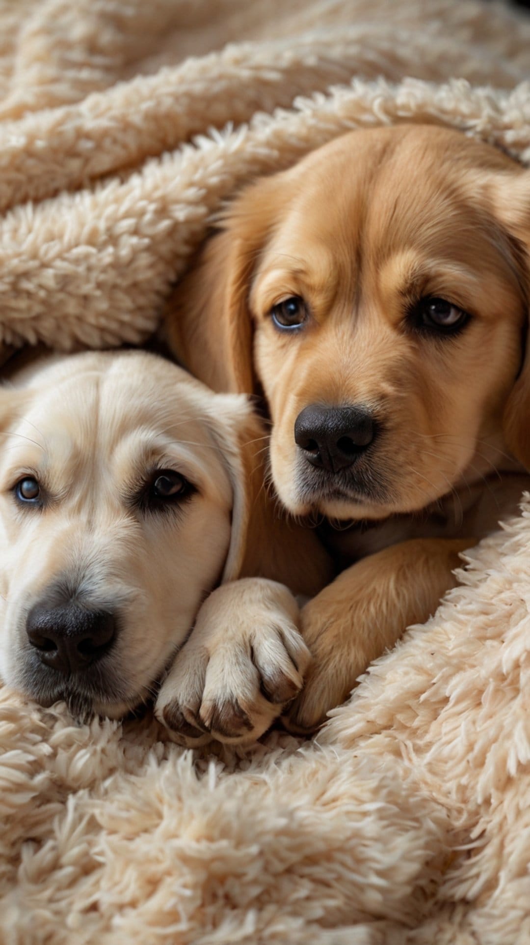 Two golden retriever puppies with cream and tan fur huddle together inside a fluffy light beige blanket.
