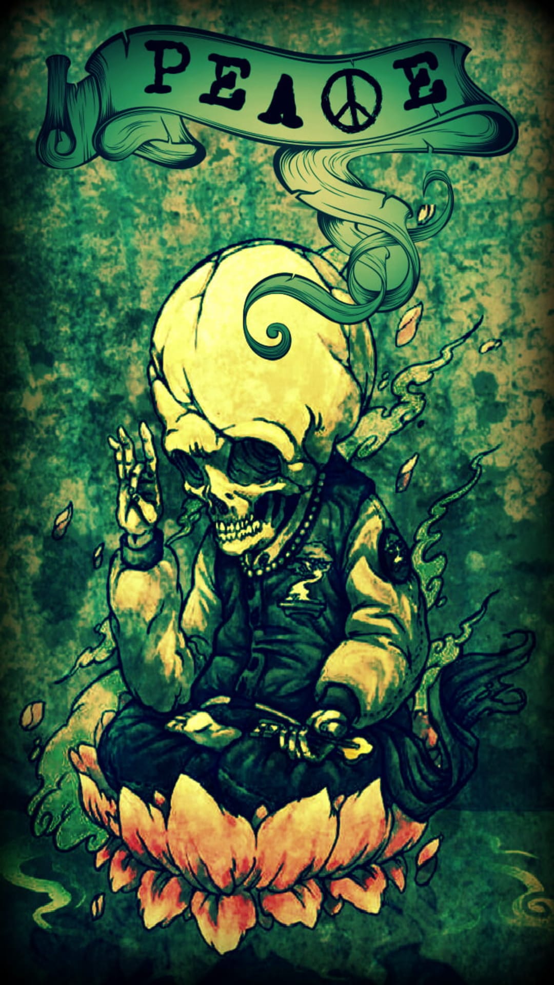 Skeleton in a meditation pose sits on a lotus flower amidst swirling green smoke and a peace symbol banner.