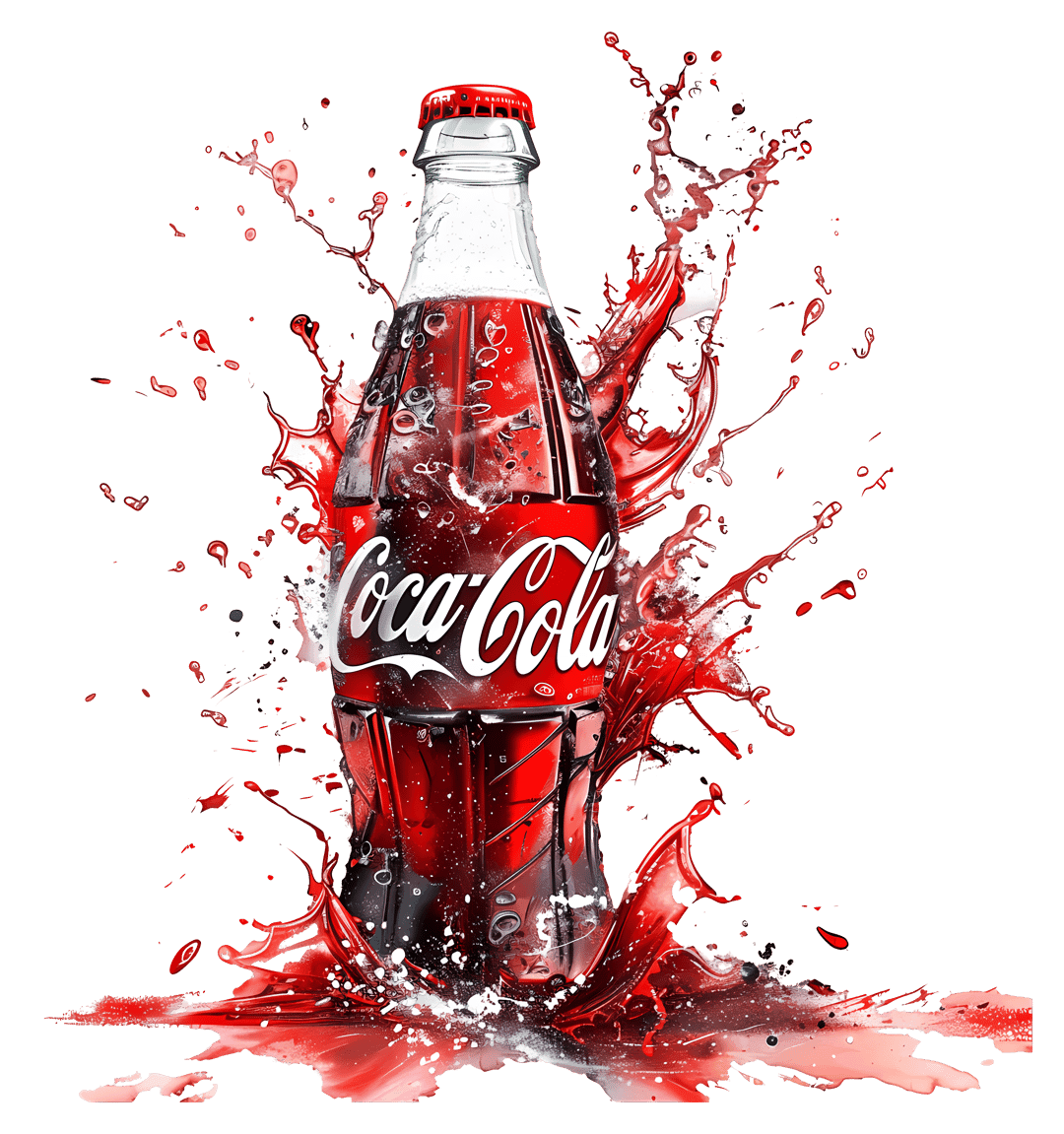 Coca Cola bottle with liquid splashing around the glass showing realistic condensation and carbonated bubbles.