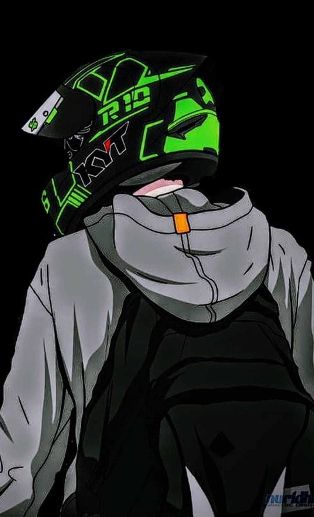 Biker from behind wearing a neon green Kyt helmet, grey hoodie, and black backpack on a dark backdrop.