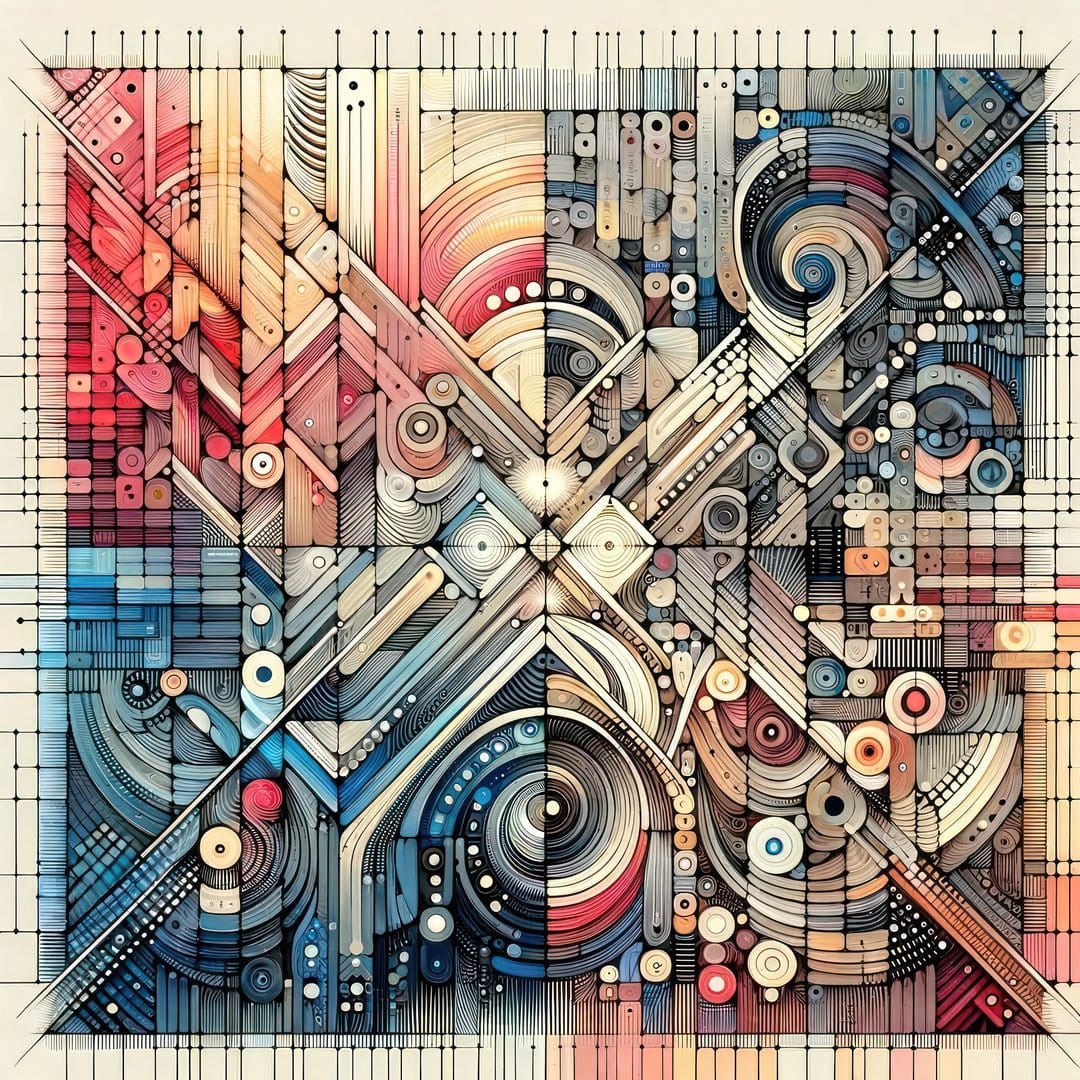 Geometric grid patterns and swirling crimson lines intersect with blue quadrants and metallic circuitry details.