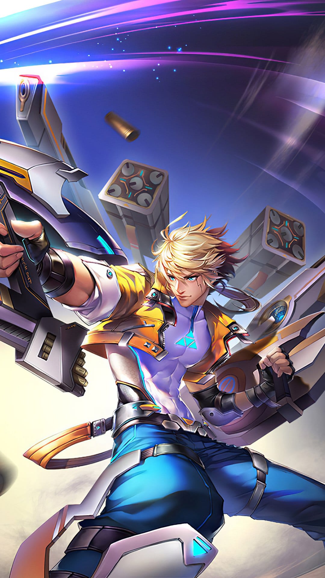 Blonde male hero in tactical sci-fi armor draws a glowing blue energy bow with violet lightning effects.