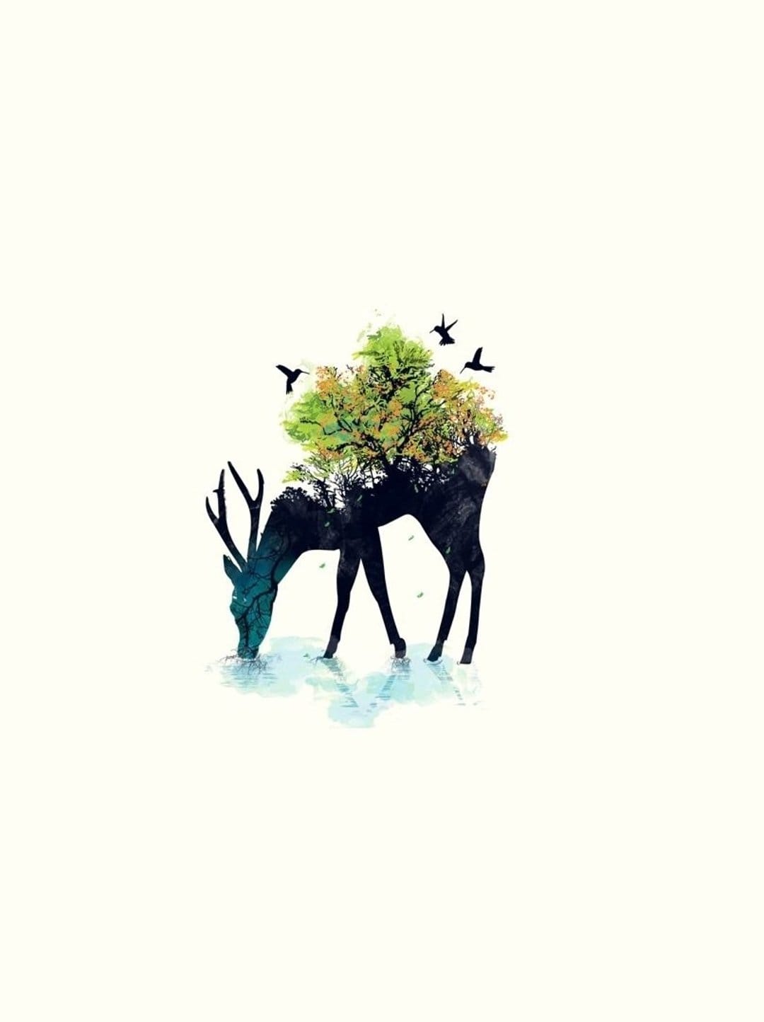 Deer silhouette with a forest inside drinking water as birds fly above vibrant green and yellow tree foliage.