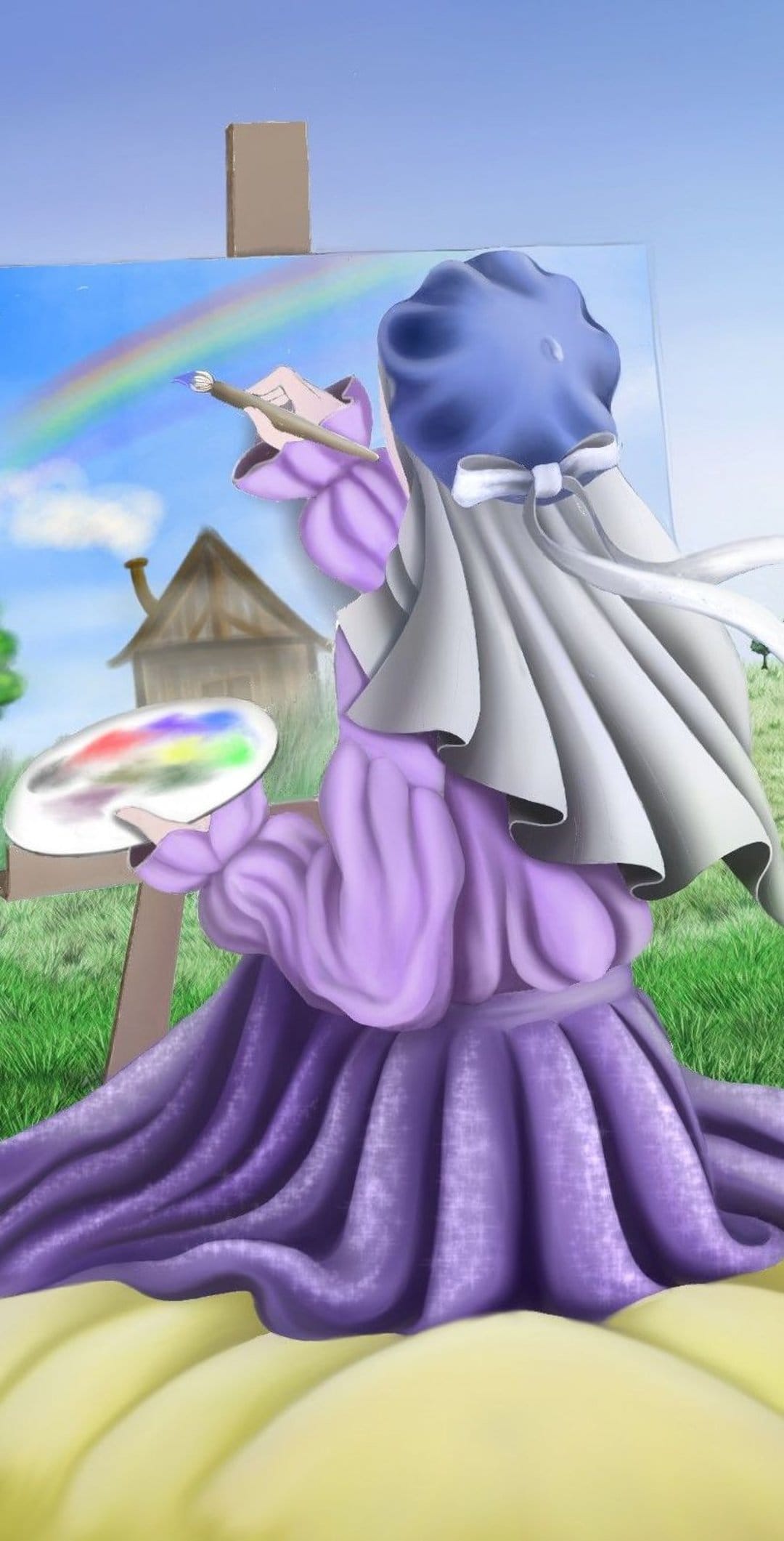 Woman in a purple dress and blue bonnet paints a colorful rainbow on a canvas in a grassy countryside setting.