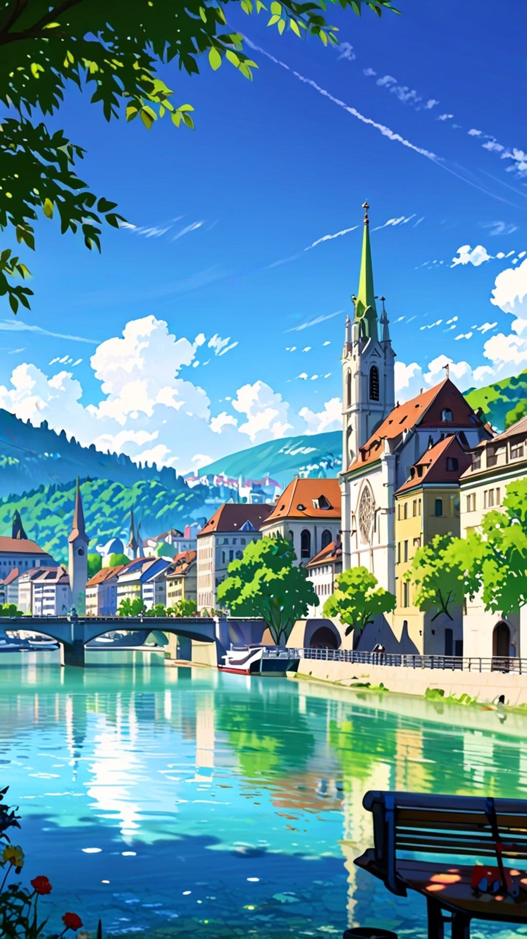 Red-roofed buildings line a calm river with a stone bridge and green mountains under a bright blue sky.