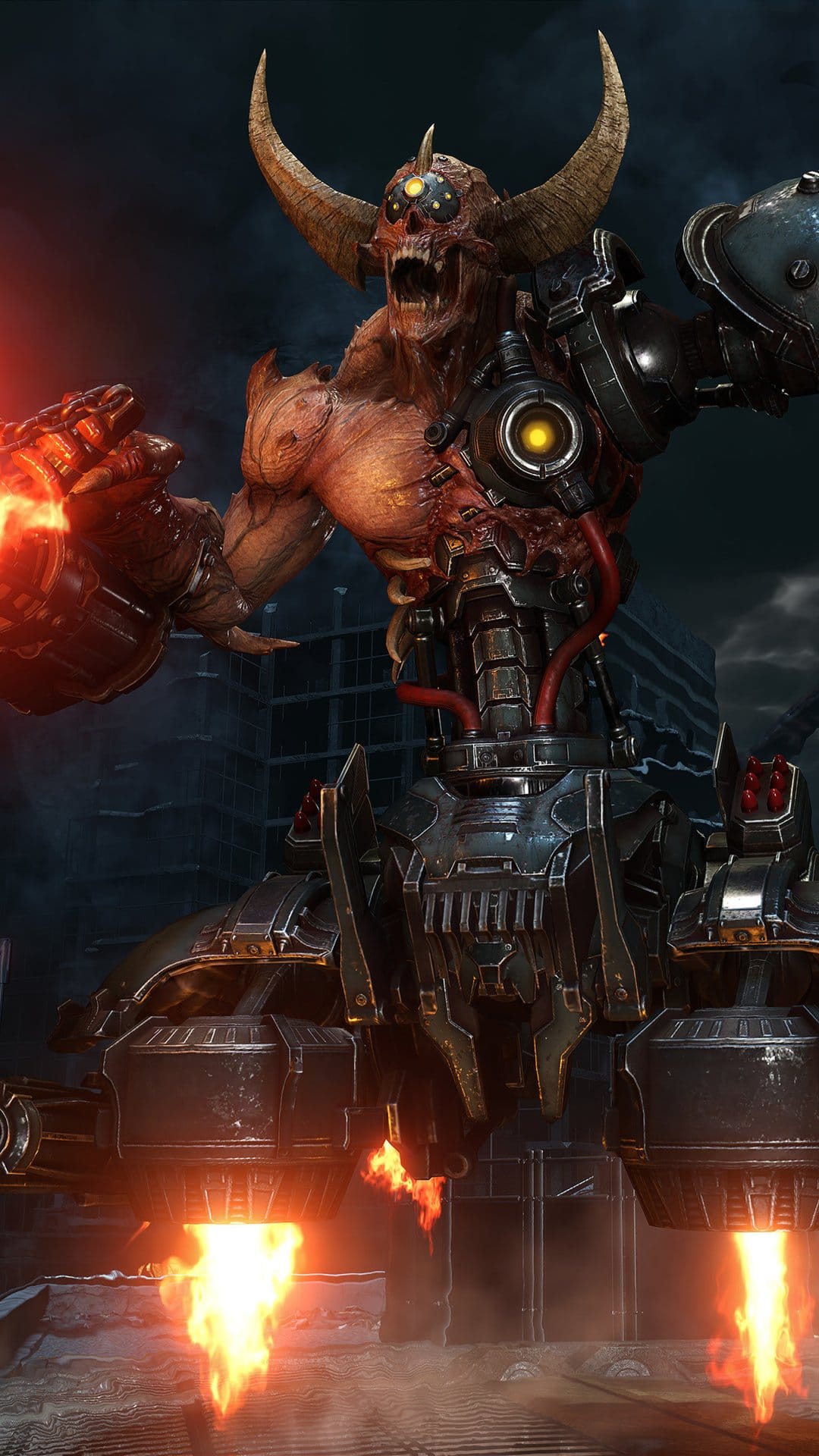 Giant biomechanical demon with horns and a glowing red eye soaring above a ruined city amidst fire and smoke.