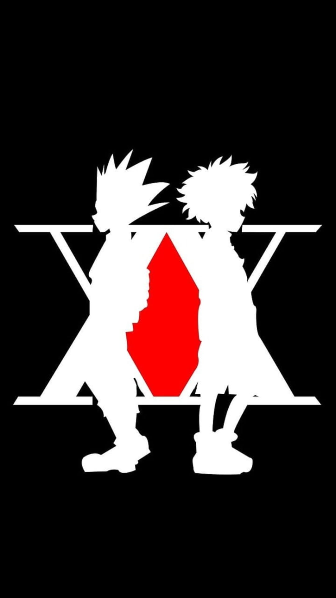 Gon Freecss and Killua Zoldyck silhouettes face each other against a black background with a red gem and X logo.