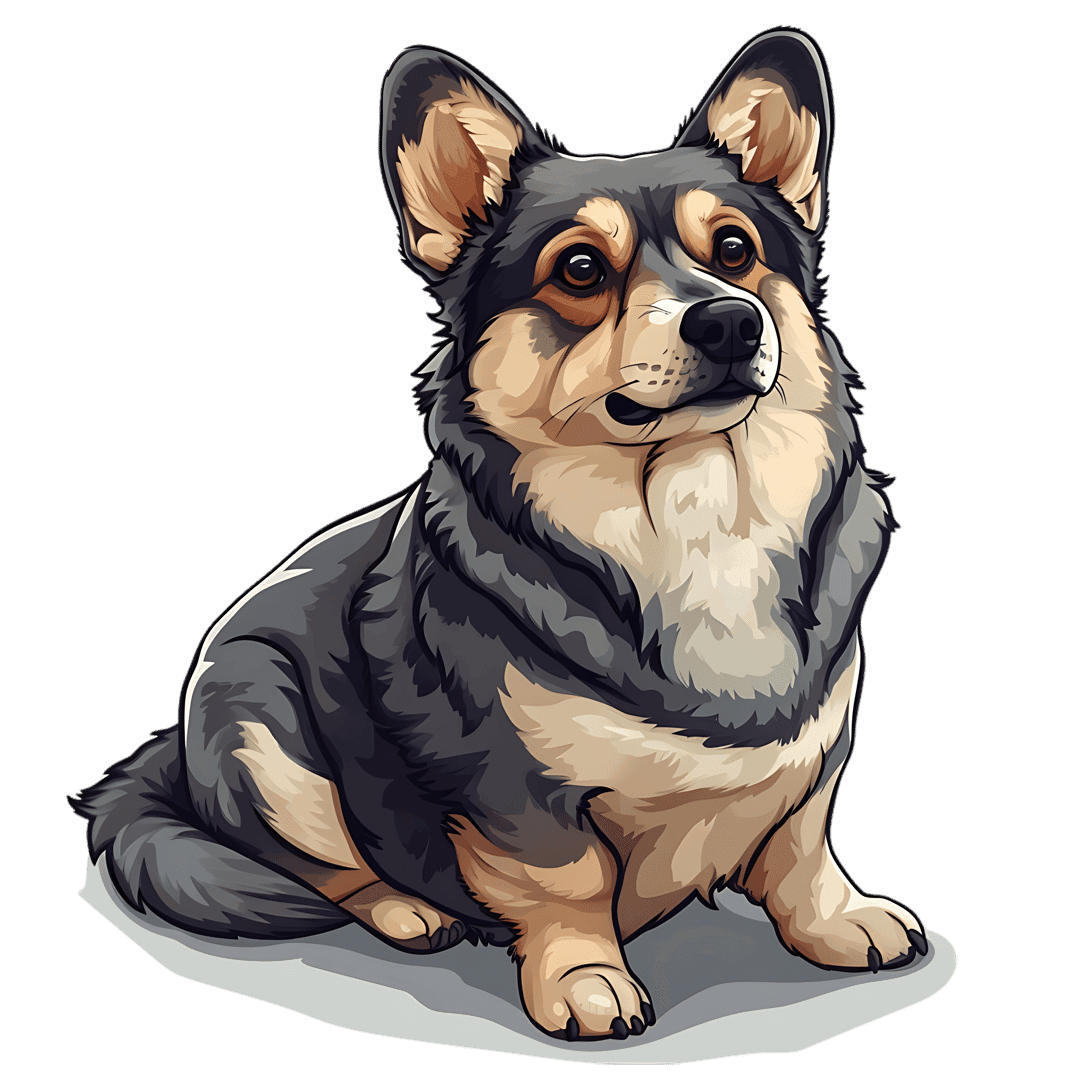 Tricolor Corgi dog sits calmly, showing white and tan fur patches with a painterly digital art texture.
