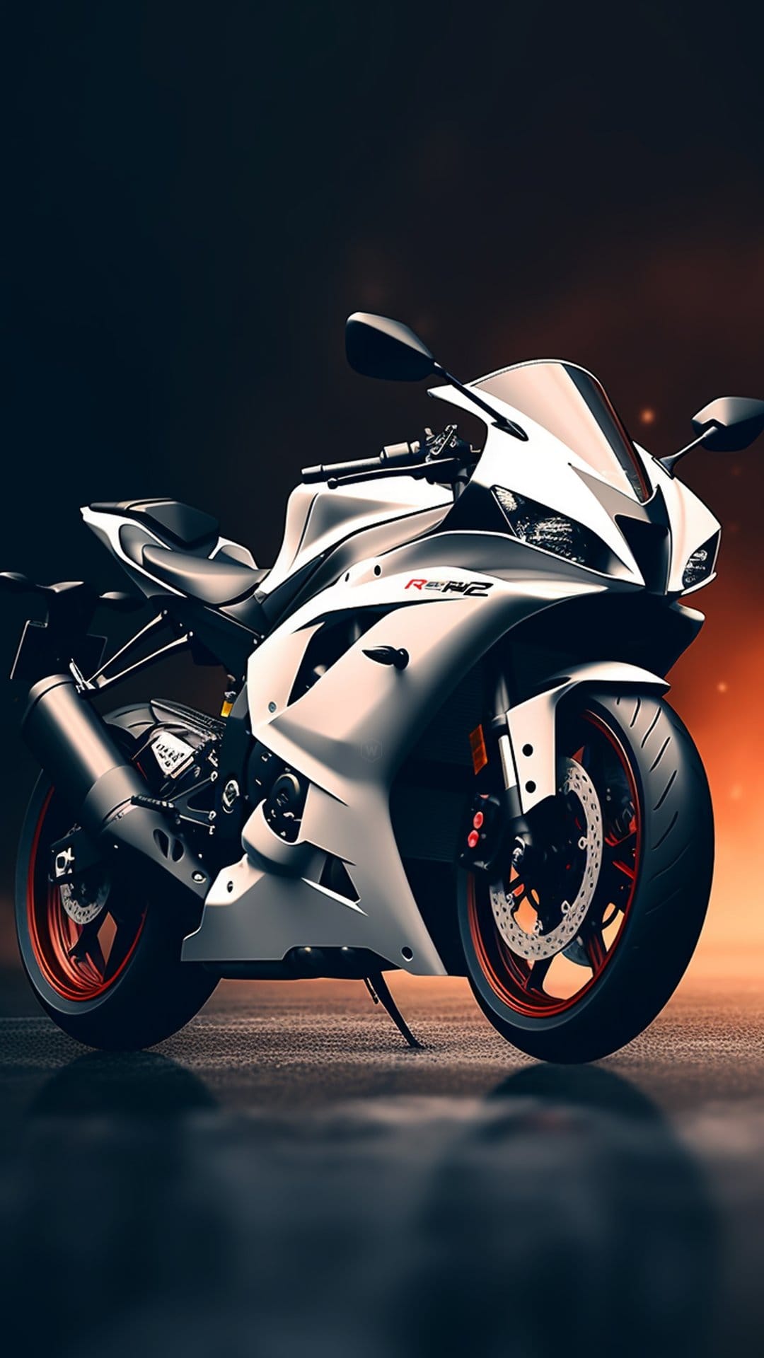 White Yamaha R6 sportbike with glowing orange accents against a dark backdrop in a low-angle portrait view.