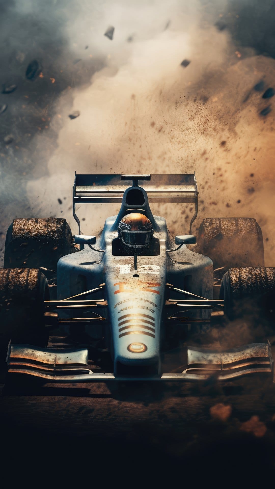Blue Formula 1 car kicks up a cloud of grit and gravel while racing through a hazy track at extreme high speeds.