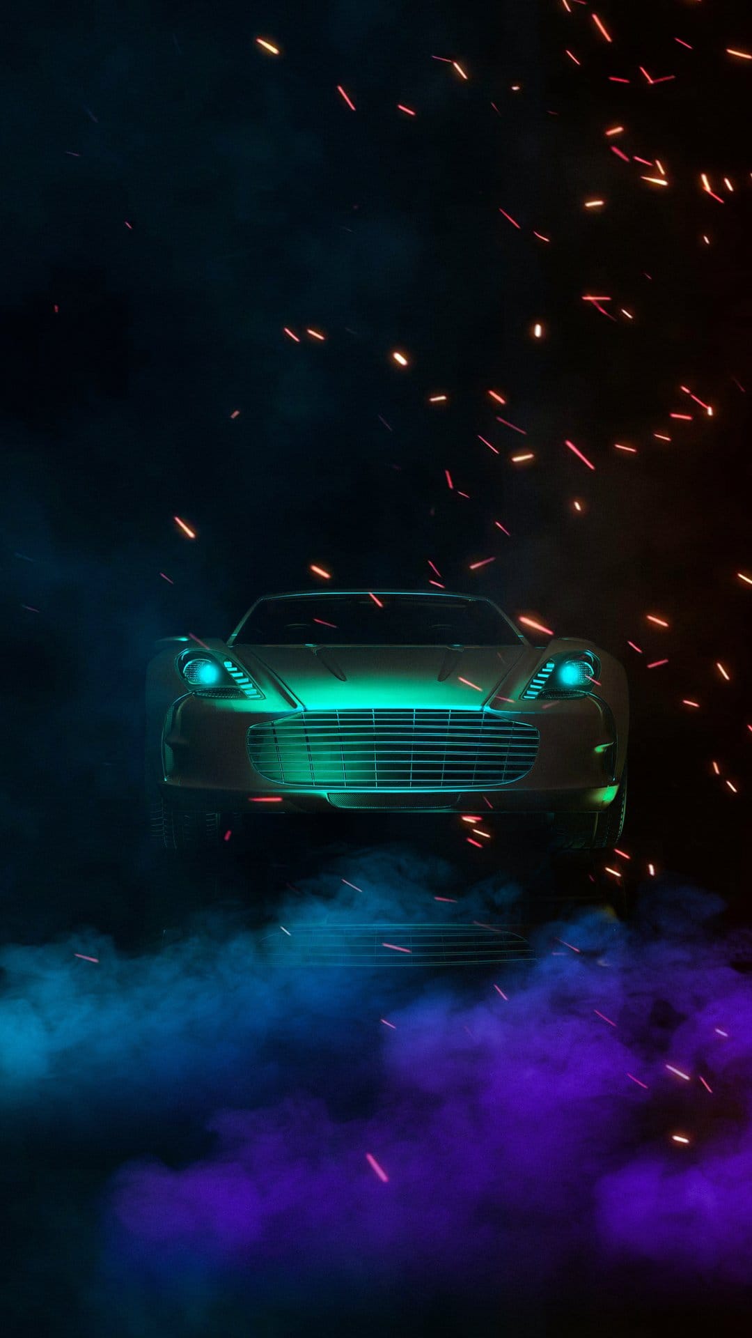 Sleek supercar with teal neon lights and rising orange sparks against a misty blue and purple backdrop.