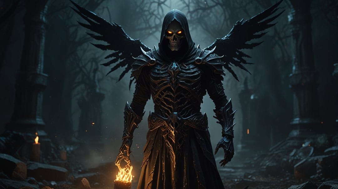 Skeletal angel in dark armor holds a blazing torch while standing amidst crumbling gothic cathedral ruins.