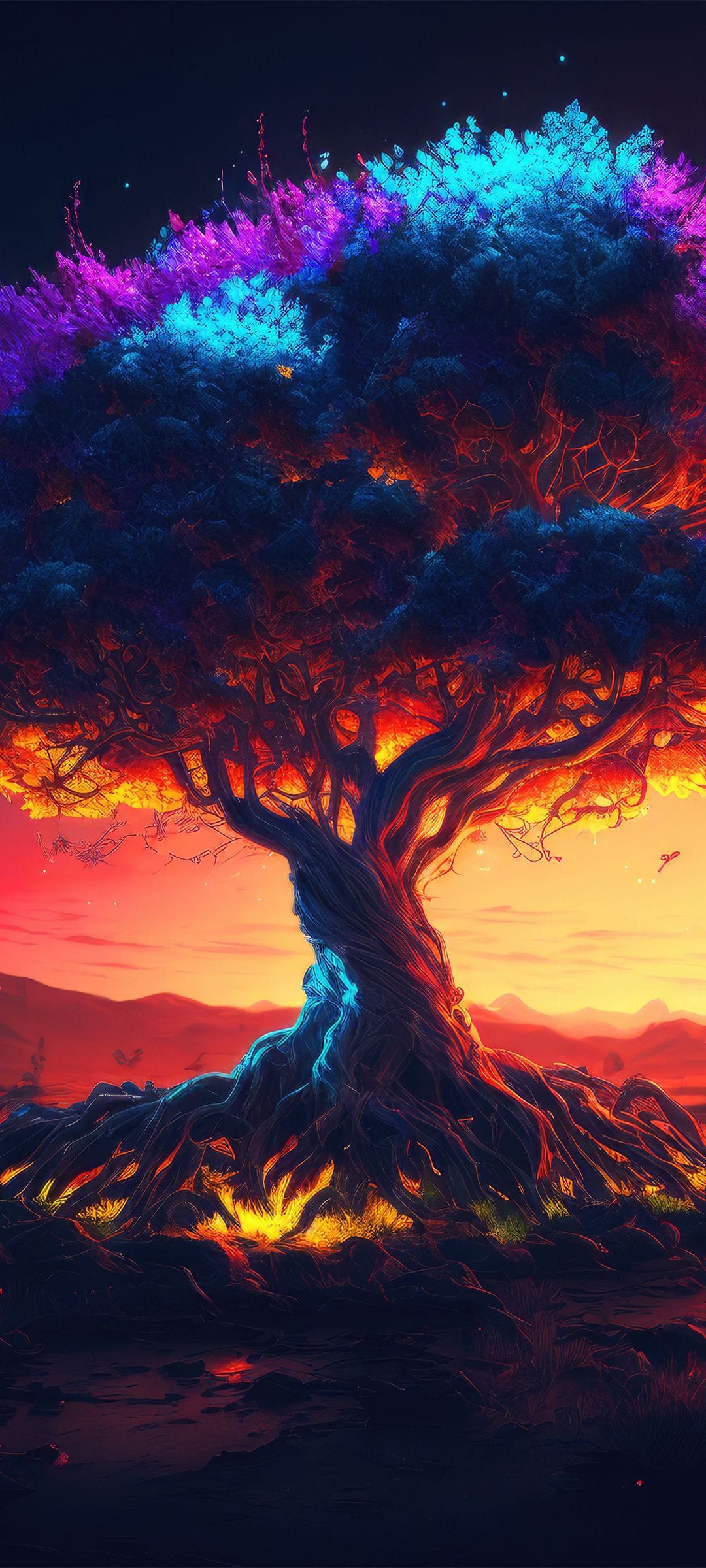 Ancient tree featuring bioluminescent orange roots and a purple galaxy canopy against a vibrant sunset.